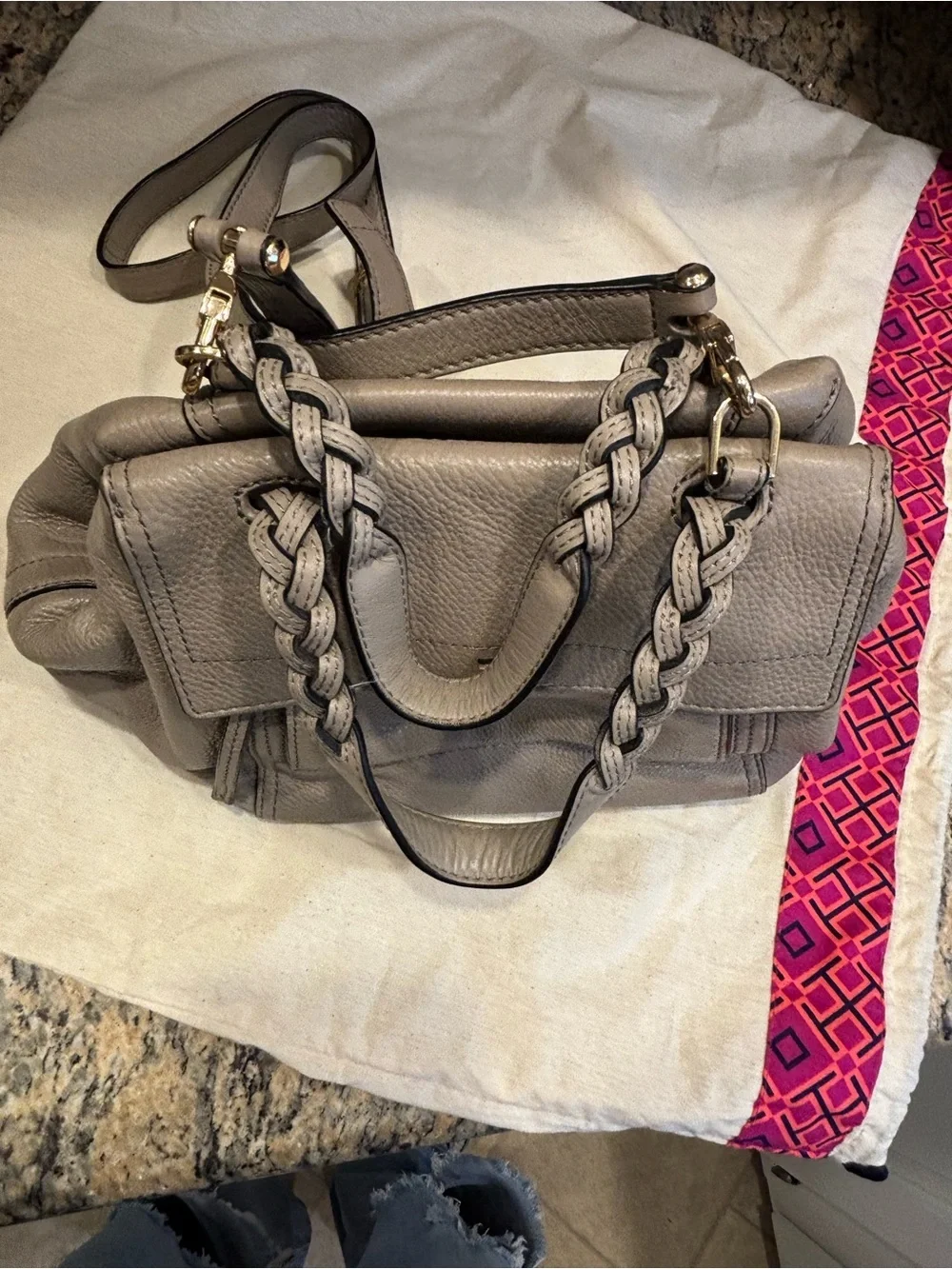 Tory Burch Neutral Taupe Braided-Handle Pebbled Leather Satchel